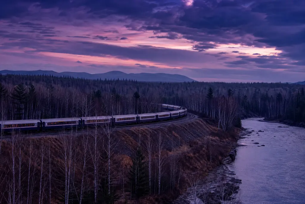 Tren de pasajeros cruzando la taiga siberiana entre abedules al atardecer (imagen generada con AI)