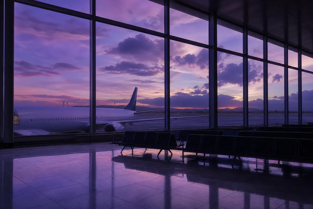 Terminal de salidas de un aeropuerto con un avión tras los ventanales (imagen generada con AI)